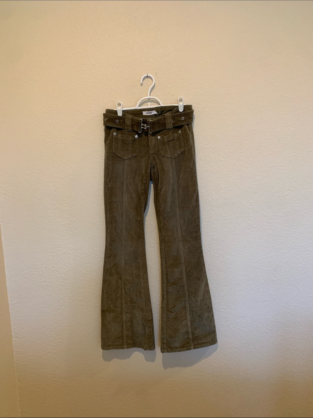 Garage Olive Corduroy Flare Pants with Belt